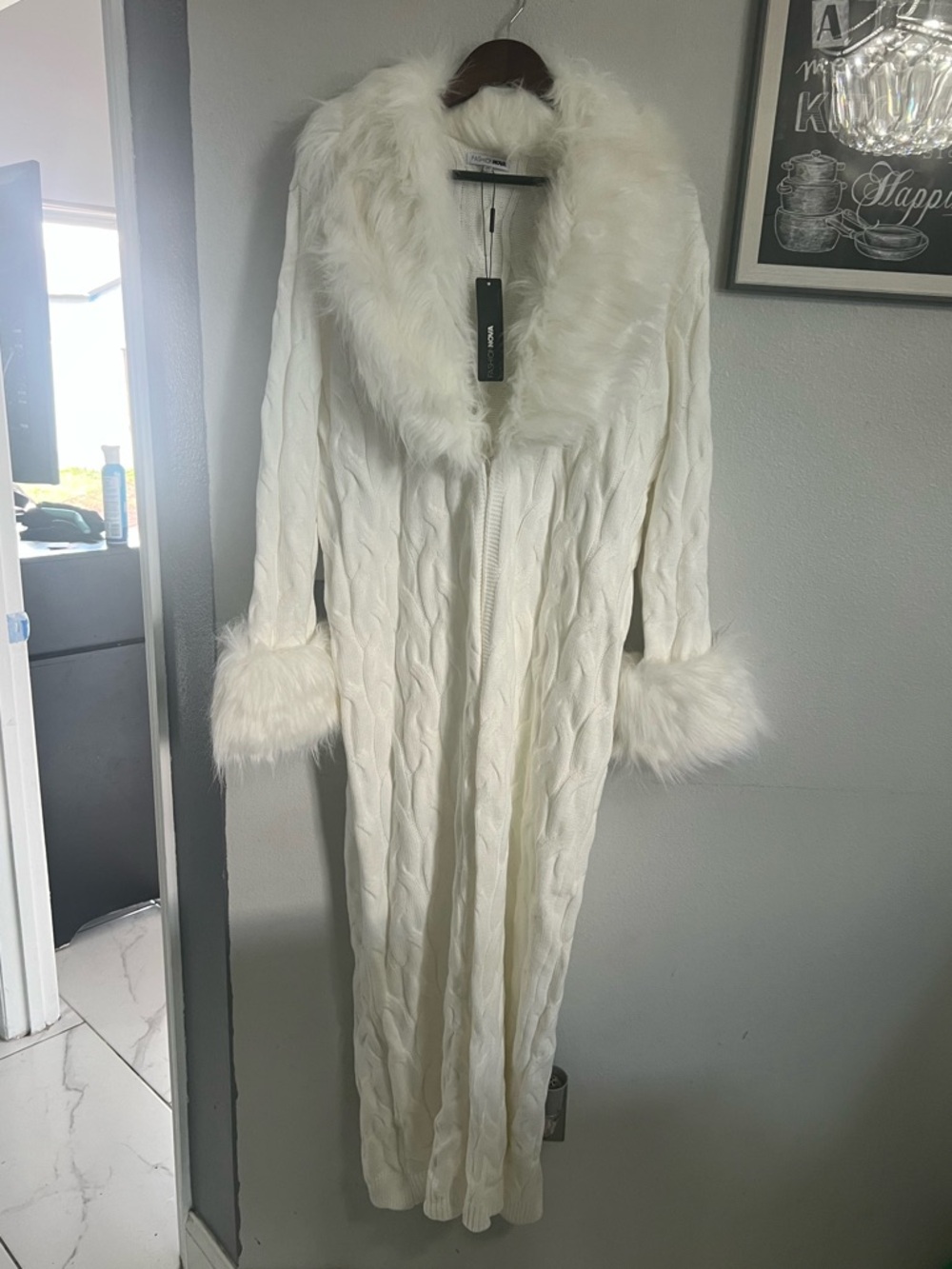 Fashion Nova White Faux-Fur Trim Cable-Knit Long Robe
